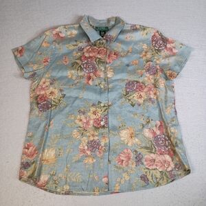 Lauren Ralph Lauren Womens L F Multicolored Floral Boho AOP 100% Linen Button Up